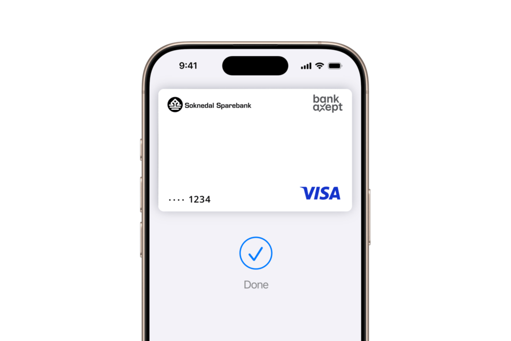 IPhone viser et digitalt betalingskort med bekreftelse 'Done'.